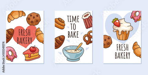 Bakery greeting business cards print cover design concept. Vector flat cartoon graphic design illustration