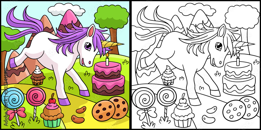 Unicorn In Candy Land Coloring Page Illustration Stock Vector | Adobe Stock