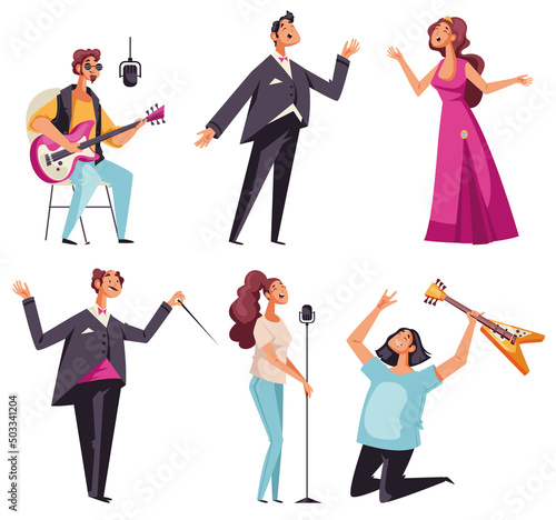 Musicians different style opera rock old school isolated set. Vector flat cartoon design element illustration