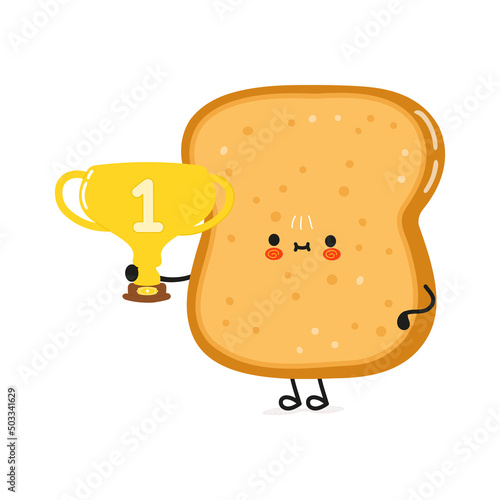 Cute funny sliced toast bread hold gold trophy cup. Vector hand drawn cartoon kawaii character illustration icon. Isolated on white background. Sliced toast bread with winner trophy cup