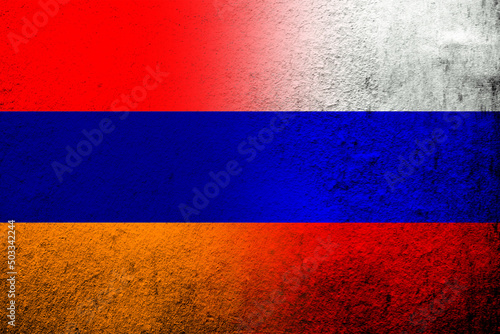 National flag of Russian Federation with Republic of Armenia national flag. Grunge background
