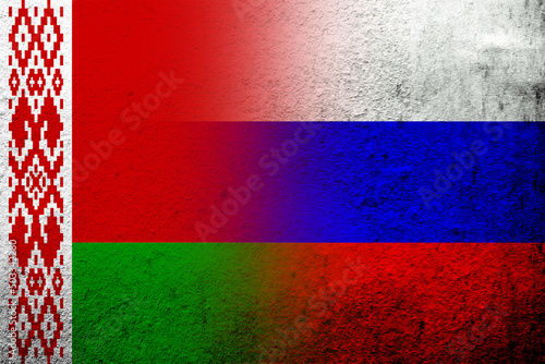 National flag of Russian Federation with Republic of Belarus National flag. Grunge background