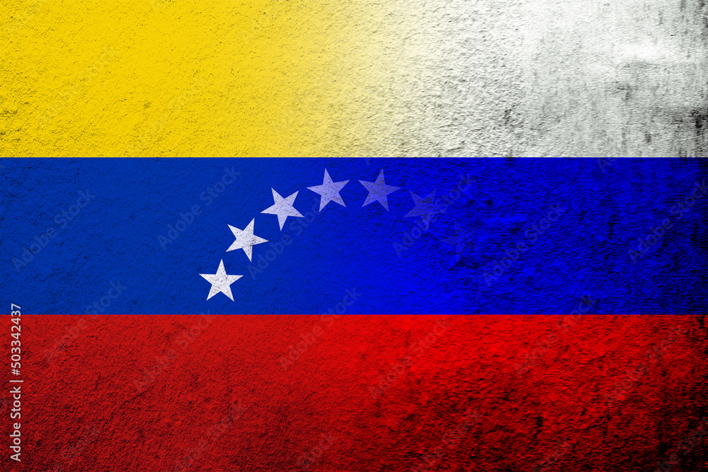National flag of Russian Federation with The Bolivarian Republic of Venezuela National flag. Grunge background