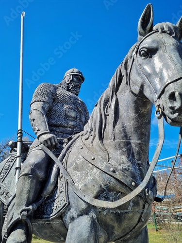 Monument to a Russian warrior from the Middle Ages on a horse