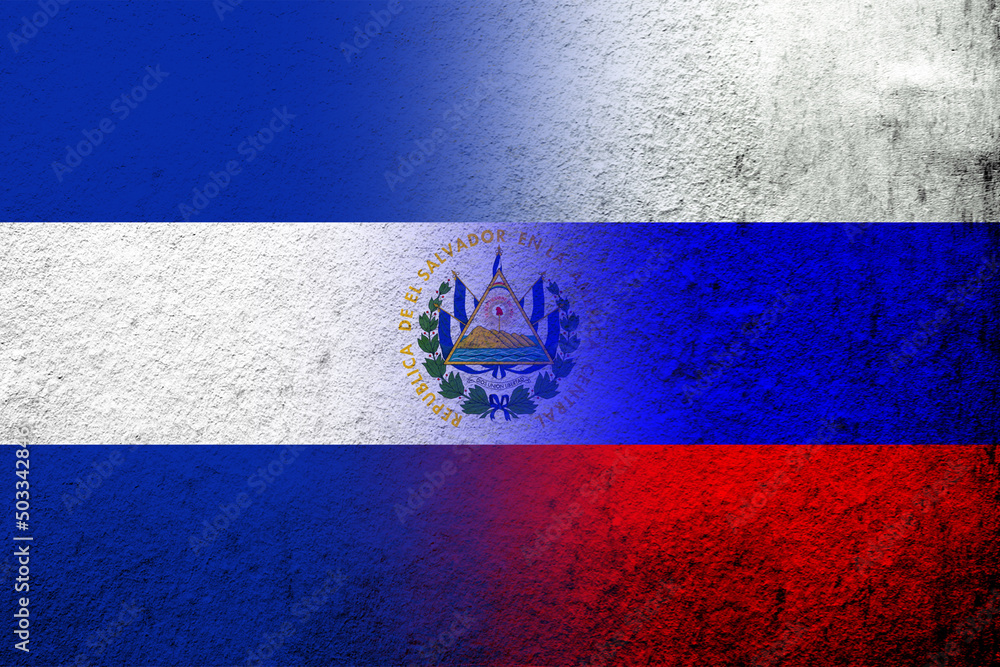 National flag of Russian Federation with The Republic of El Salvador National flag. Grunge background