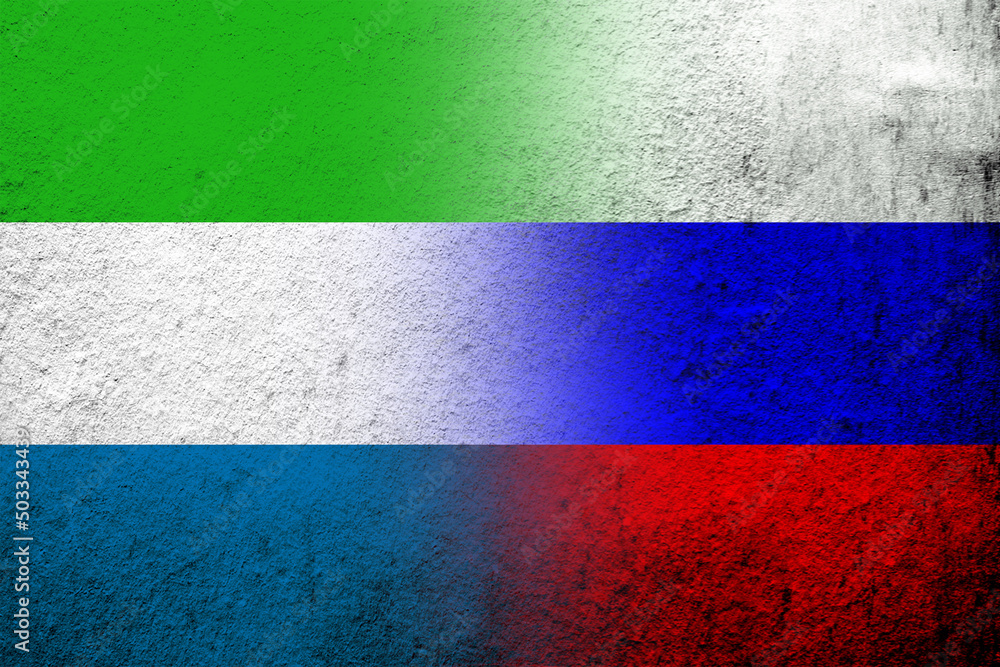National flag of Russian Federation with the Republic of Sierra Leone National flag. Grunge background National flag of Russian Federation with the Republic of Sierra Leone National flag. Grunge background