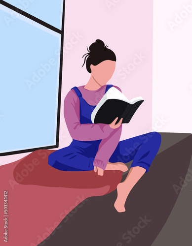 vector illustration of a girl at home.  The girl sits on the windowsill and reads a book.  Girl in bright clothes