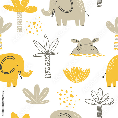Vector colored seamless childish pattern with adorable elephants and hippopotamus in scandinavian style on a white background. Childish texture for textiles, wallpapers, bed linen, covers.