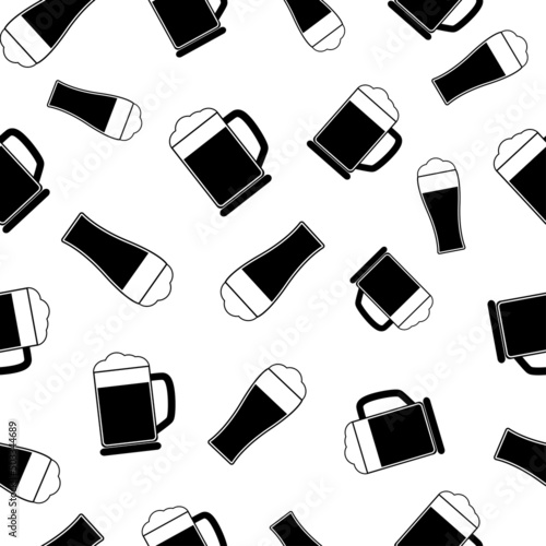 Seamless pattern with glass of beer. Black flat icon pint on white background. Icon beer mug. Modern design for print on fabric, wrapping paper, wallpaper, packaging. Vector illustration