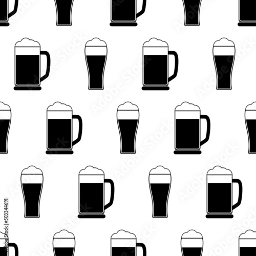 Seamless pattern with glass of beer. Black flat icon pint on white background. Icon beer mug. Modern design for print on fabric, wrapping paper, wallpaper, packaging. Vector illustration