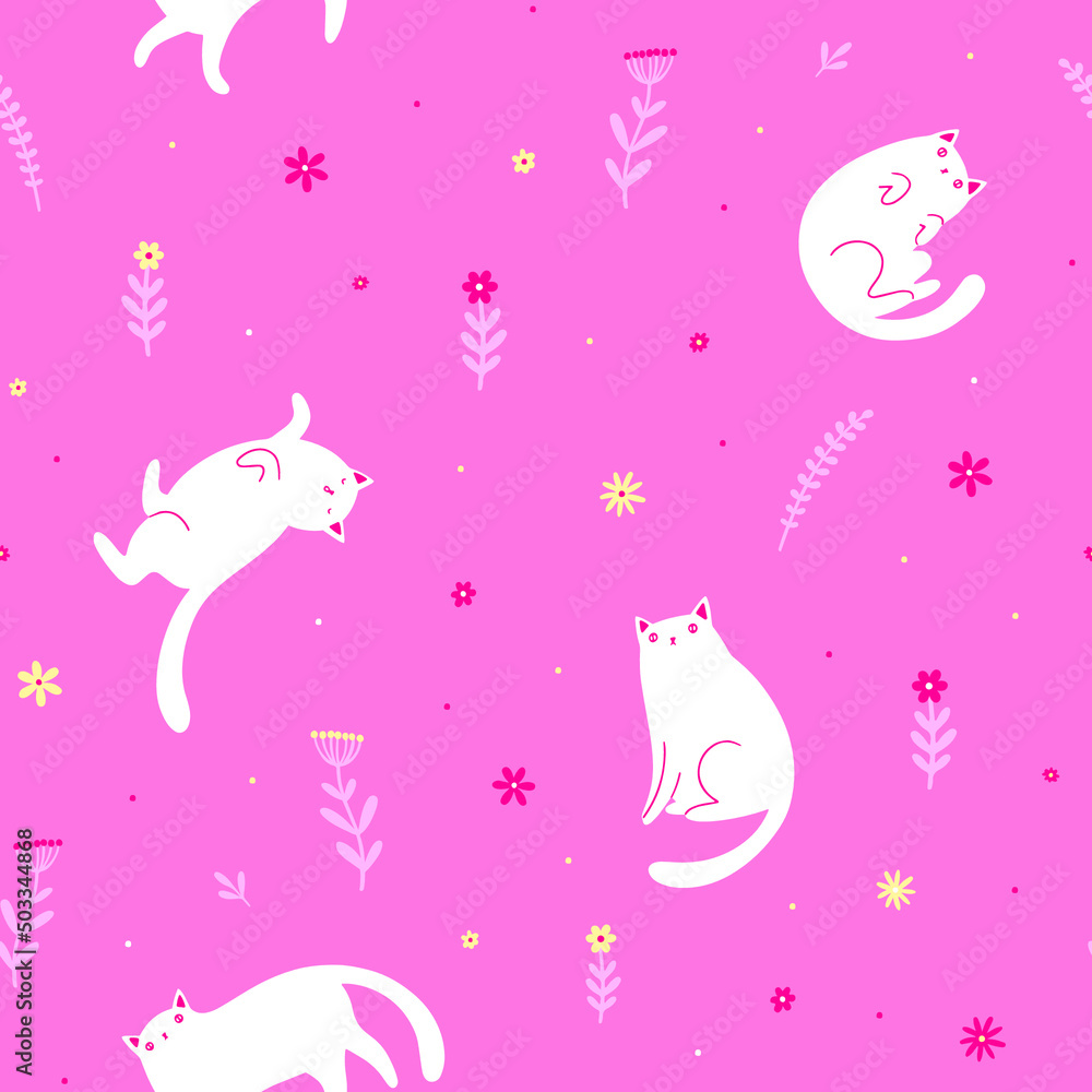 Seamless vector pattern with cute funny white cats and small flowers on pink background.