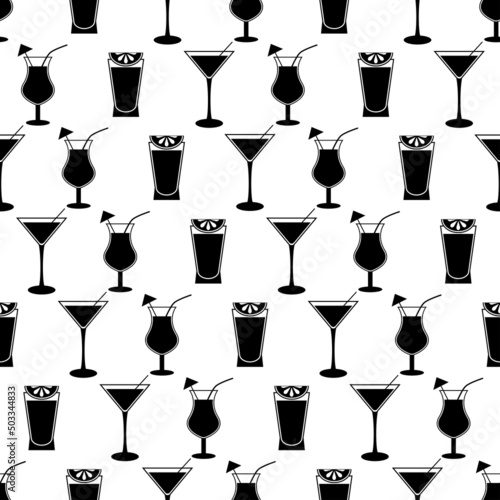 Seamless pattern with set cocktail. Black flat icon cocktail on white background. Icon alcohol drink. Modern design for print on fabric, wrapping paper, wallpaper, packaging. Vector illustration