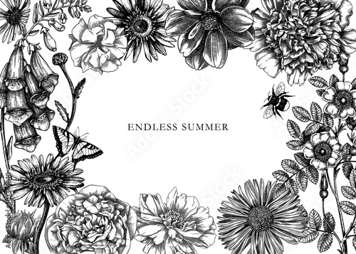 Summer flowers vector frame. With hand-sketched garden plants drawings. Floral banner, card or wedding invitation design template. Botanical illustrations. Flower black outlines background.
