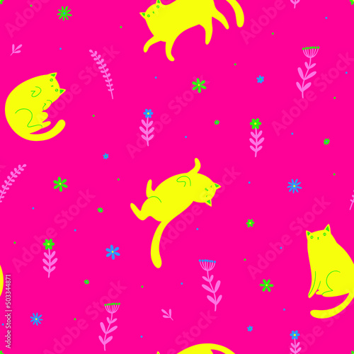Seamless vector pattern with cute funny yellow cats and small flowers on pink background. © Julia
