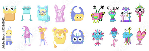 A collection of funny hand-drawn cute toy monsters for kids. Colorful large vector set. Vector isolated monster characters for kids.