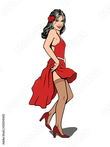 Spanish Dancer. Sexy Girl Dancing. Pin Up, Pop Art style. Vector drawing.
