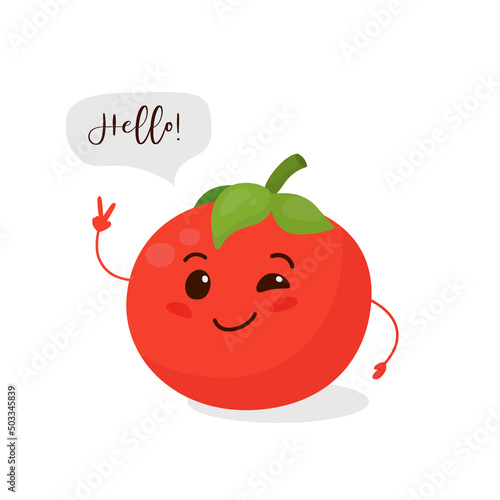 Tomato says Hello. Cute Tomato Isolated on White Background. Funny Smiling Tomato. Vector Design Template for Banner, Card, T-shirt Print. Kids, Children, Baby, Vegan, Vegetarian, Food Concept