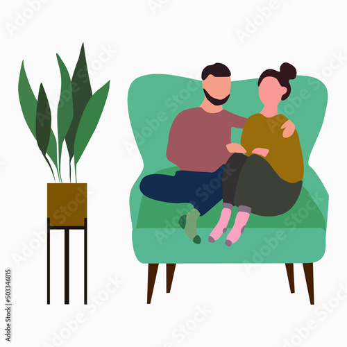 love together male female sitting on sofa