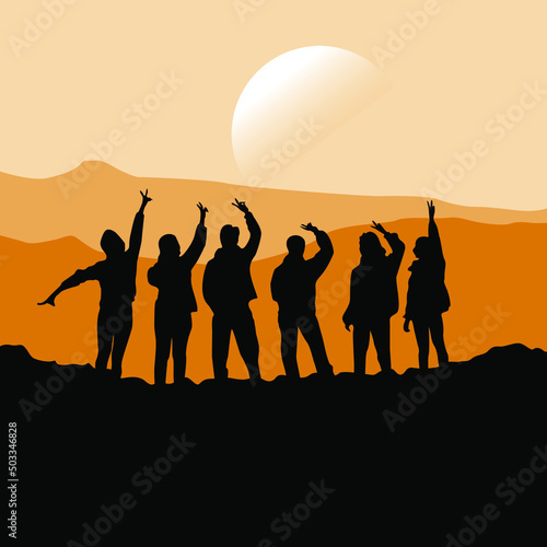 group of people hills and sunshine