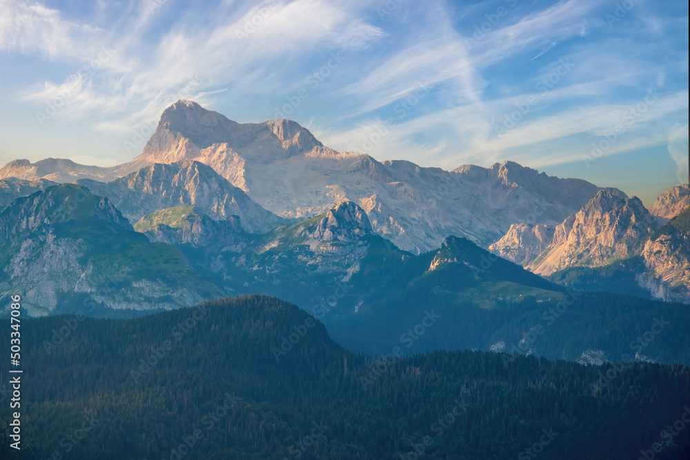 Scenic view on Triglav summit and biggest mountain range of Julian Alps from Vogel, Slovenia
