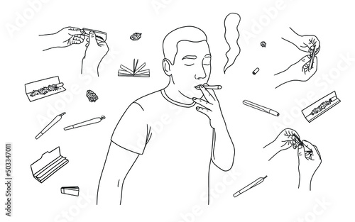 Vector set with a man smoking a cigarette, hands rolling weed joint, rolling paper, filters and buds of marijuana 