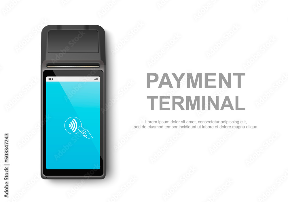 Vector Realistic 3d Touch NFC Mobile Payment Machine. POS Terminal Closeup Isolated on White. Design Template of Bank Payment Wireless Contactless Terminal, Mockup. Payments device. Top View - obrazy, fototapety, plakaty 