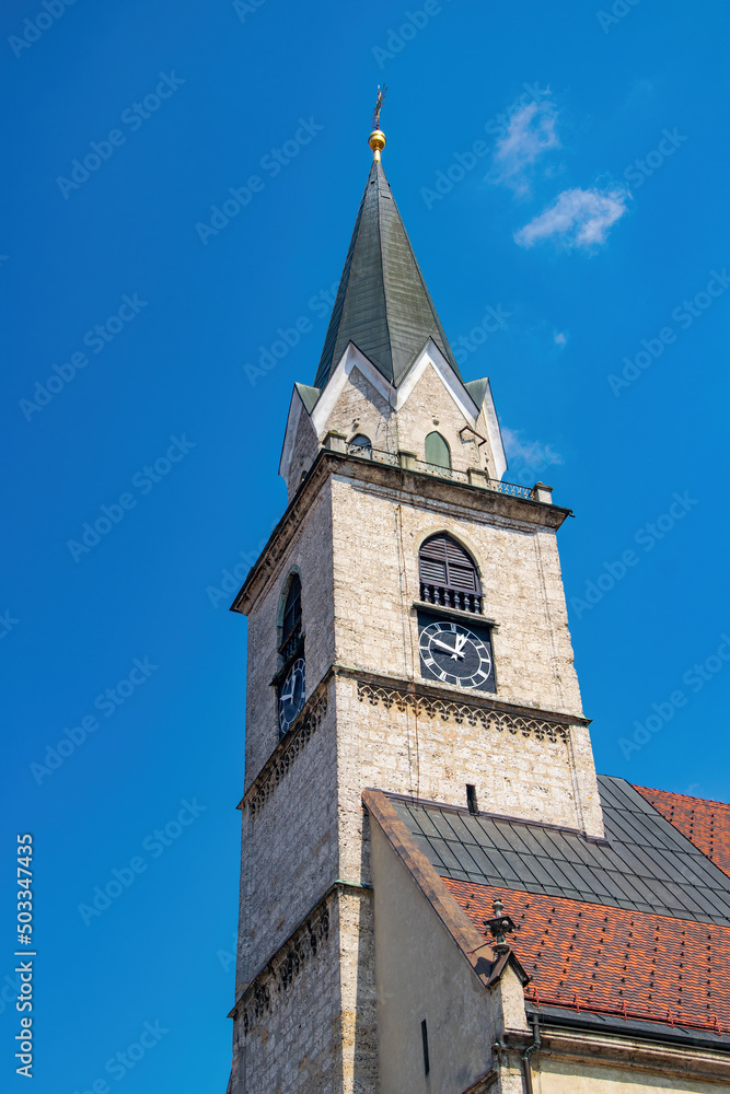 Tower of St. Cantianus and Companions Parish Church in the medieval town of Kranj, Slovenia