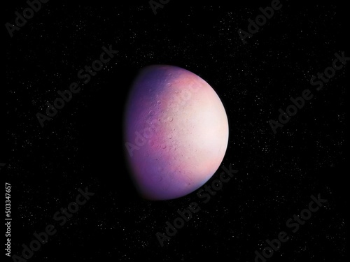 Rocky exoplanet in far space, realistic giant planet, extrasolar planet covered with craters. 