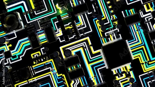 Top View of a Futuristic Computer Board with Changing Colors 3D Rendering