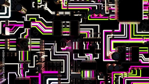 Top View of a Futuristic Electronic Board with Changing Colors 3D Rendering