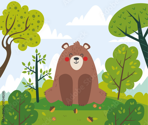 Bear character sitting on meadow in forest wood composition. Vector flat cartoon graphic design illustration