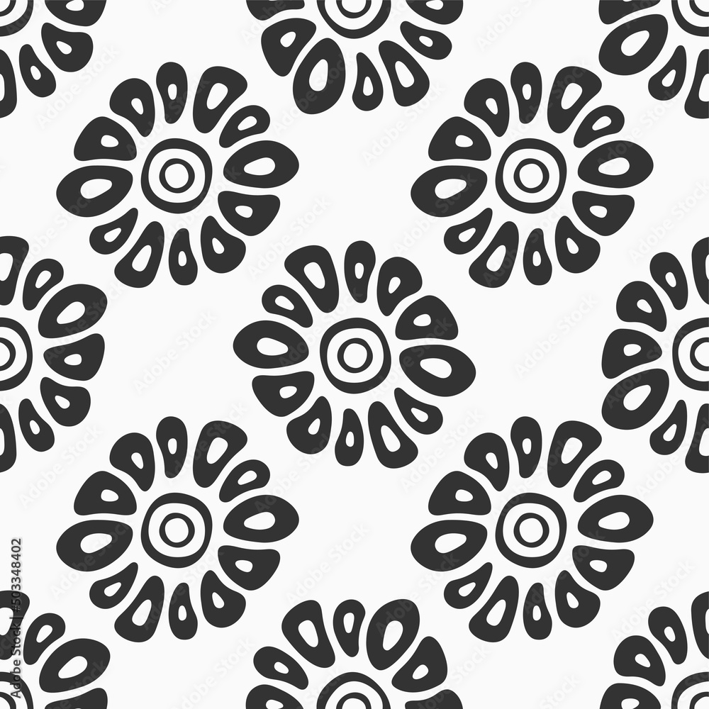 Abstract vector seamless floral pattern. Simple background with hand drawn stylized flowers. Flat design style. Black and white floral background.