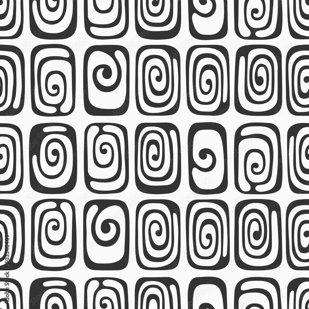 Abstract vector hand drawn tiles seamless pattern. Tiles with spiral curls. Repeating ornament. Black and white background. For wrapping, paper cover, textile, fabric, cloth. Abstract vector hand drawn tiles seamless pattern. Tiles with spiral curls. Repeating ornament. Black and white background. For wrapping, paper cover, textile, fabric, cloth.