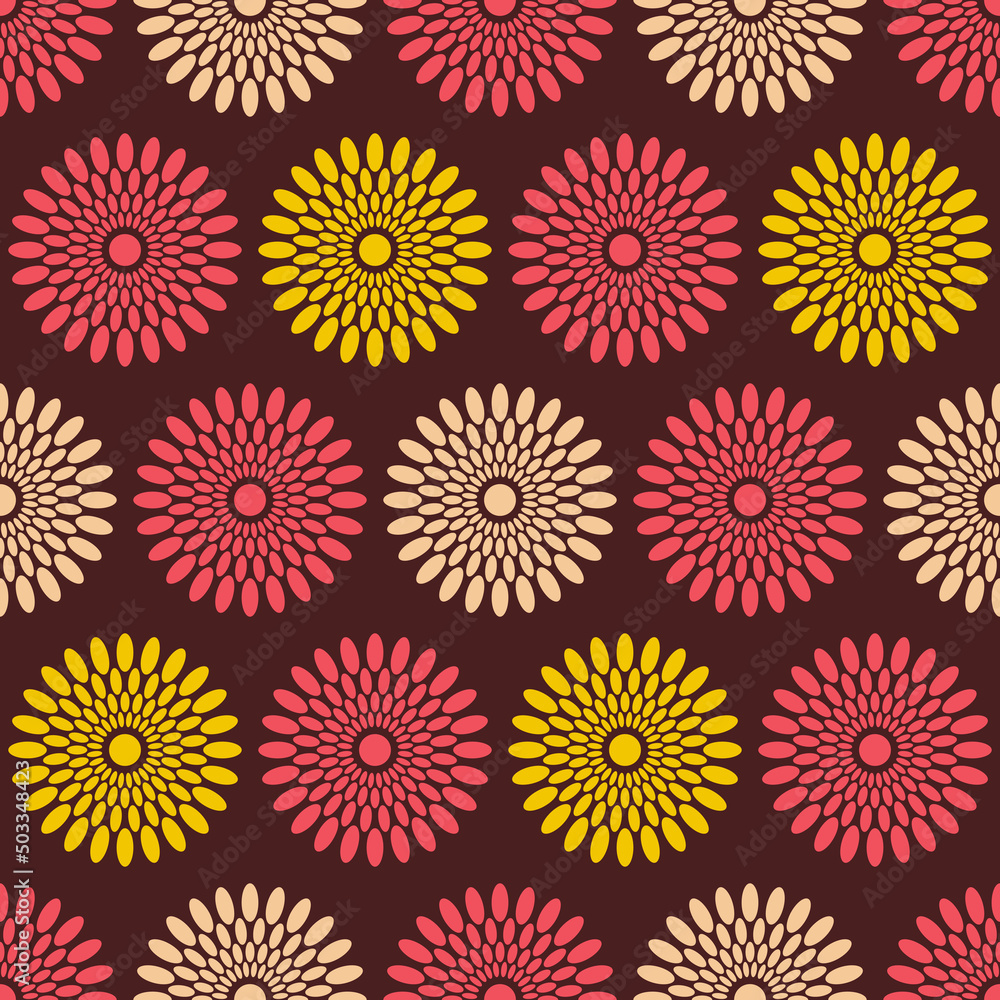 Seamless african fashion vector pattern with circles, ornamental rounded shapes. Bright, vibrant colors. Red, yelloe, beige colors. Color illustration.