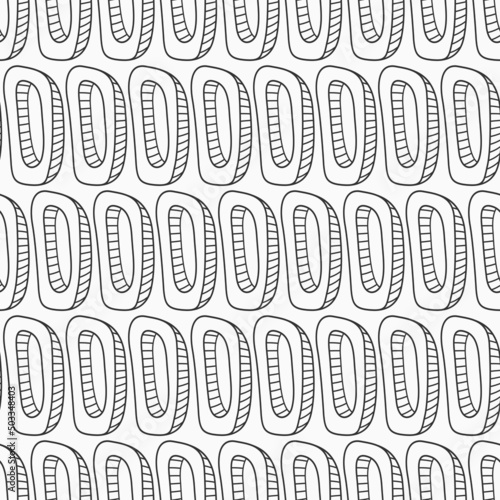 Abstract vector hand drawn seamless pattern. Rounded outline shapes with a hole inside. Repeating ornament. Black and white background. For wrapping, paper cover, textile, fabric, cloth.