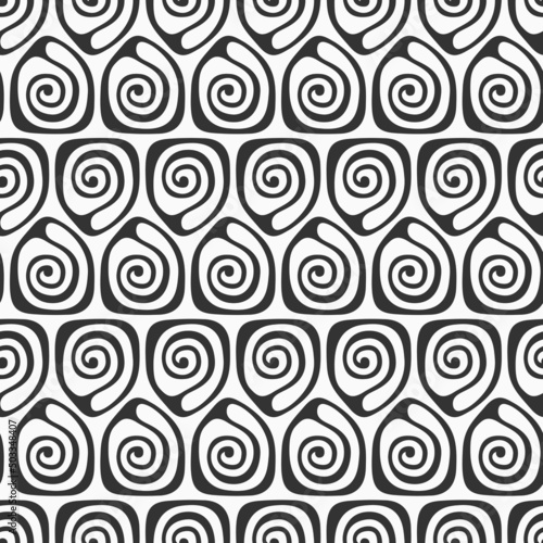 Abstract vector hand drawn tiles seamless pattern. Tiles with spiral curls. Repeating ornament. Stylish texture. Black and white background. For wrapping, paper cover, textile, fabric, cloth.