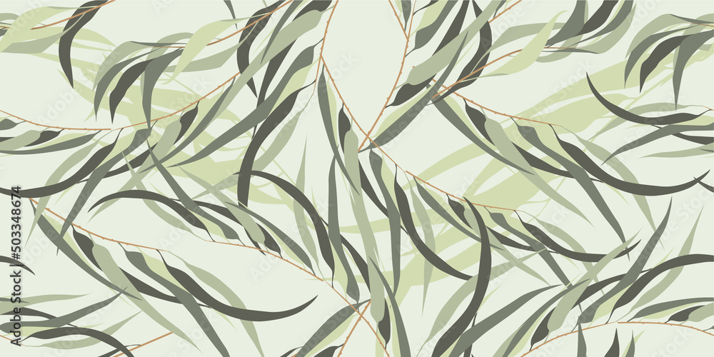 Seamless botanical pattern. Branches and leaves of eucalyptus on a light background. Vector illustration