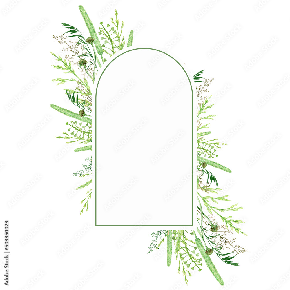 Watercolor greenery frame, Floral grass wreath. Hand drawn wild meadow herbs floral Botanical illustration isolated on white background, greeting card oval border with copy space for text