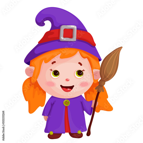 Little smiling witch with broom for Halloween party.Cartoon vector graphic.