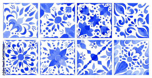 Azulejos Portuguese Dutch tile set in shades of blue color. Baroque tiles collection . Watercolor style.