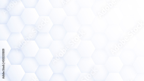 Fototapeta Naklejka Na Ścianę i Meble -  3D Render Hexagon Pattern Abstract Innovative Science Technology Light Blue Background. Honeycomb Molecular Structure 4K 8K High Definition White Wallpaper. Minimalist Art Futuristic Sci Abstraction