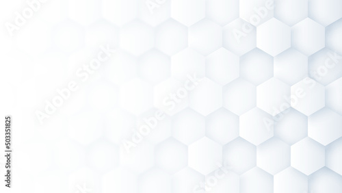 Fototapeta Naklejka Na Ścianę i Meble -  3D Rendered Hexagonal Structure White Abstract Background. Three Dimensional Hexagon Blocks Nano Technology Molecular Grid 4K 8K Very High Definition Light Grey Wallpaper. Futuristic Sci Abstraction