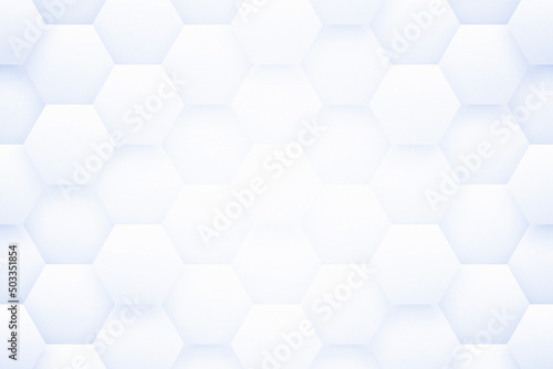 Fototapeta Naklejka Na Ścianę i Meble -  3D Render Honeycomb Pattern Light Blue Abstract Innovative Technology Background. Hexagon Blocks Molecular Structure 4K 8K Very High Definition White Wallpaper. Futuristic Art Sci Fi Plain Abstraction