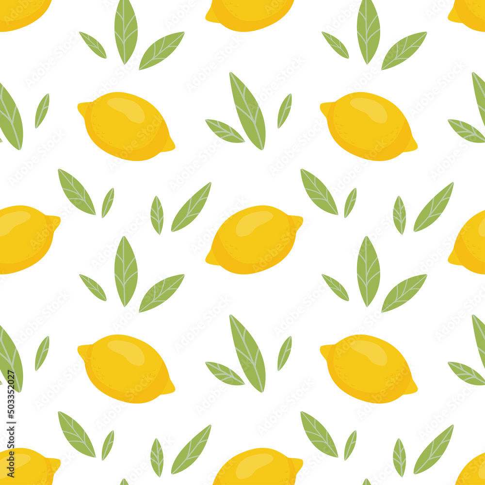 Seamless pattern with fresh cute yellows lemons and leaves in flat style. Fruit pattern for cloth, textile, wrap and other design. Cartoon vector illustration Seamless pattern with fresh cute yellows lemons and leaves in flat style. Fruit pattern for cloth, textile, wrap and other design. Cartoon vector illustration