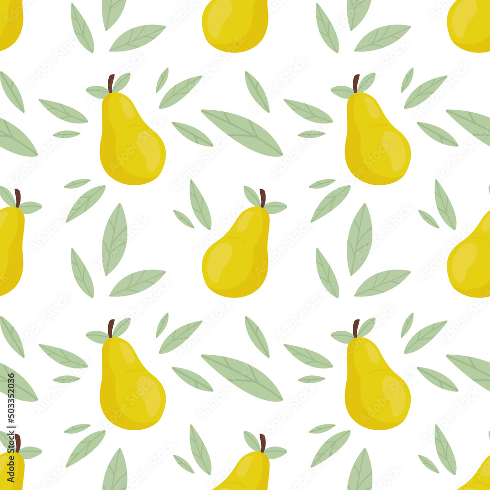 Seamless pattern with fresh cute green pears and leaves in flat style. Fruit pattern for cloth, textile, wrap and other design. Cartoon vector illustration Seamless pattern with fresh cute green pears and leaves in flat style. Fruit pattern for cloth, textile, wrap and other design. Cartoon vector illustration