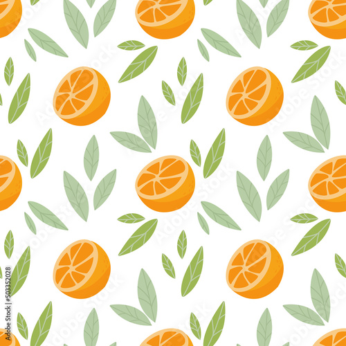 Seamless pattern with fresh cute orange and leaves in flat style. Fruit pattern for cloth, textile, wrap and other design. Cartoon vector illustration