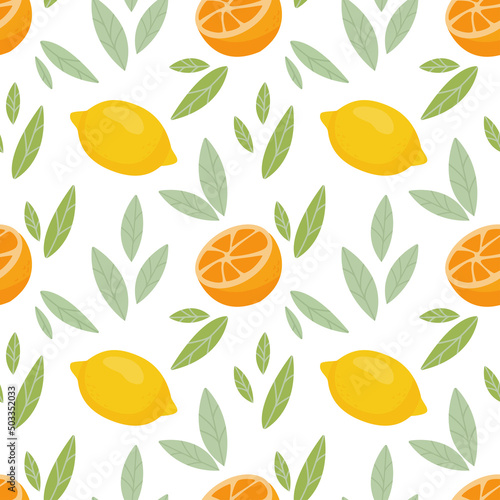 Seamless pattern with fresh cute lemon, orange and leaves in flat style. Fruit pattern for cloth, textile, wrap and other design. Cartoon vector illustration