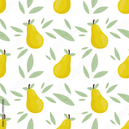 Seamless pattern with fresh cute green pears and leaves in flat style. Fruit pattern for cloth, textile, wrap and other design. Cartoon vector illustration