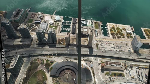 Looking south from the CN Tower with Railway Museum, Harbour front,  Lake Ontario, Gardiner Expressway traffic photo