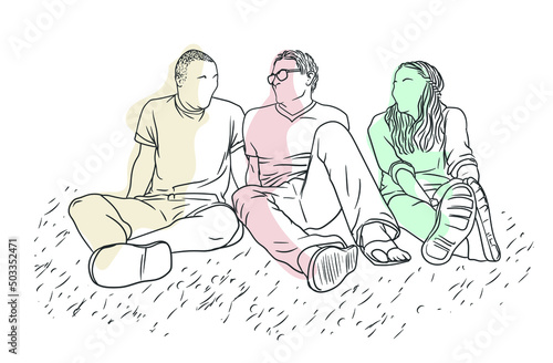 Two males and a female friends are hanging out, sitting on the ground, simple line art hand-drawn color illustration